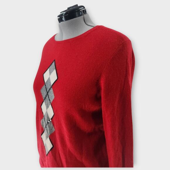 Charter Club Cashmere Sweater Women's L Red Sequin Argyle Design Soft Round Neck - Picture 2 of 7